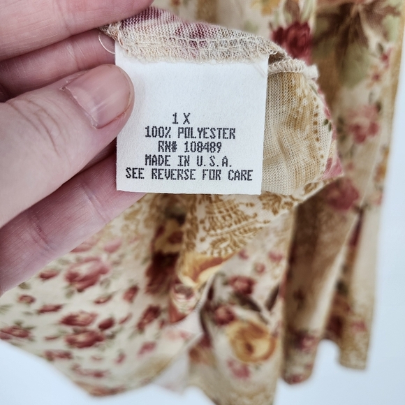VTG Earthy Women's Babydoll Top Size 1X Tan Oxblood Floral‎ Lace Goblincore Boho - Picture 7 of 8